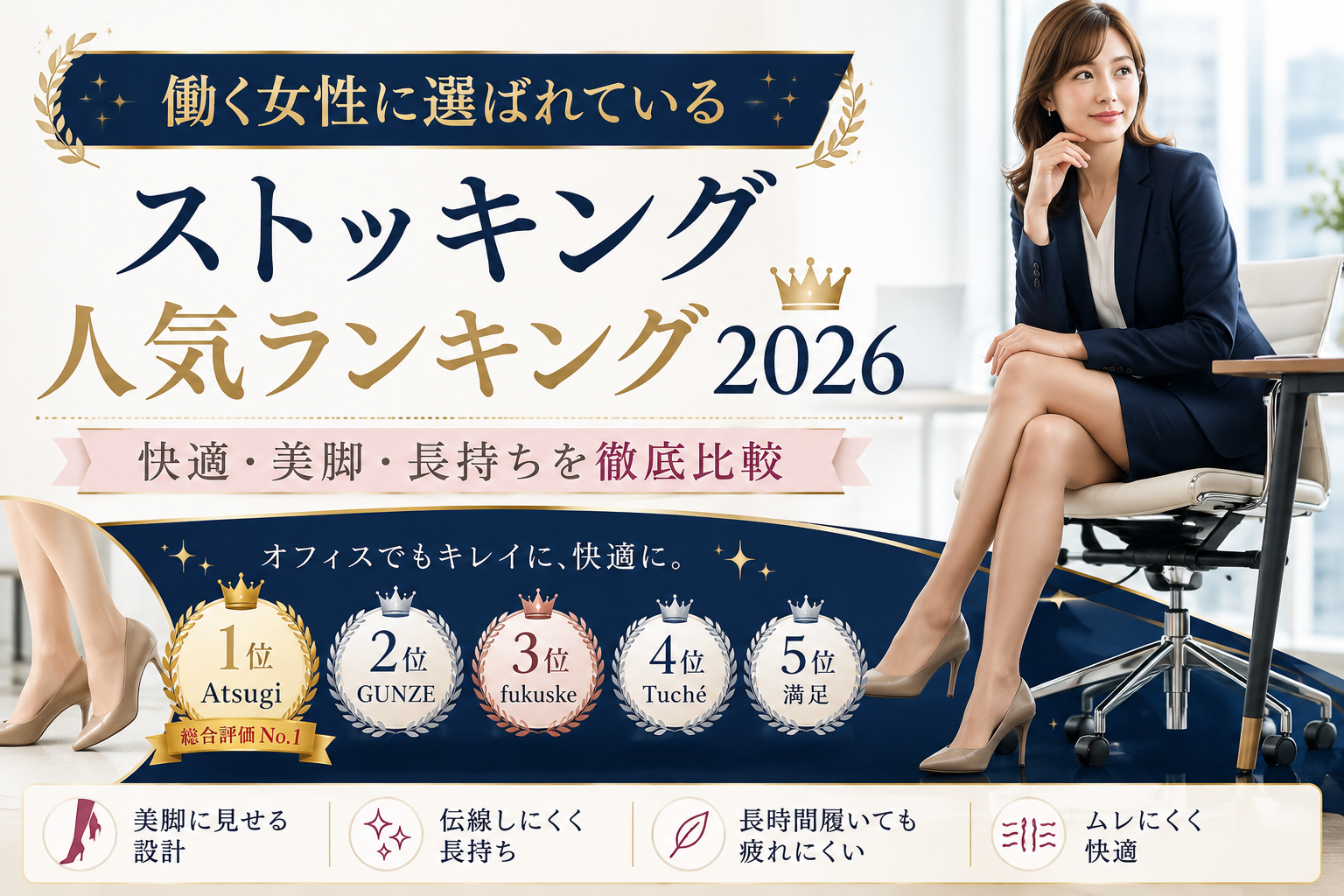 【2026年最新版】オフィス女性向けストッキング人気ランキング｜疲れにくく美脚見えする商品を比較